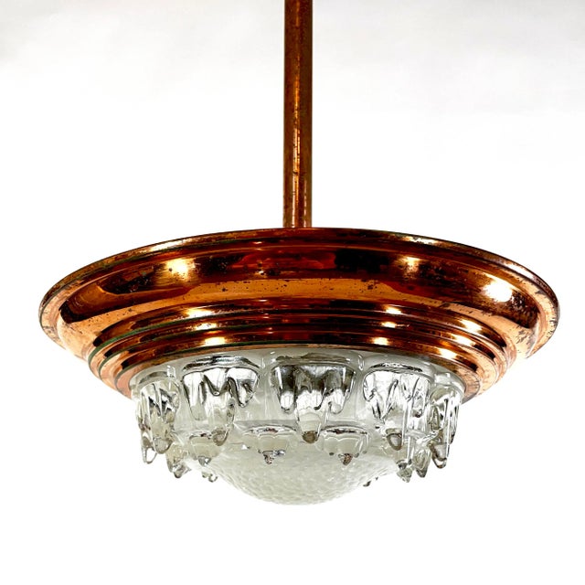 Copper 1930s French Art Deco Ezan Copper & Stalactite Glass Pendant Light – Rewired for u.s. Use For Sale - Image 8 of 8