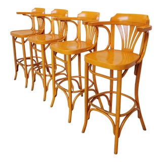 Vintage Bentwood High Pub Stools with Armrests, 1970s, Set of 4 For Sale