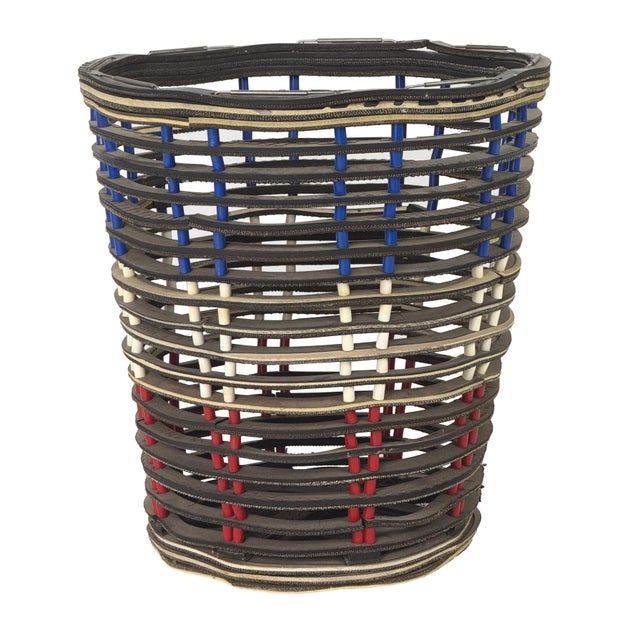 Vintage 1970s handmade folk art trash can (or planter), constructed from cut strips of old BMX bicycle tires, woven...