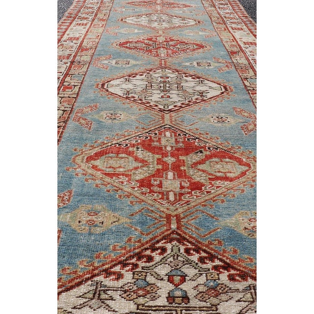 Antique Hand-Knotted Sarab Runner With Sub-Geometric Design in Red, Blue & Ivory 3'2"x10'2" For Sale - Image 4 of 12