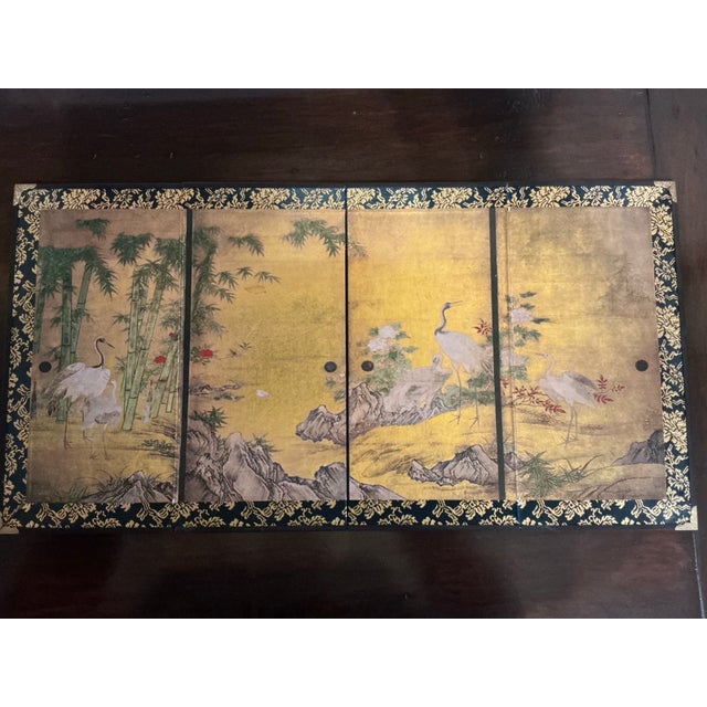 Gold Vintage Asian-Inspired Four-Panel Tabletop Folding Screen With Cranes & Bamboo Designs. For Sale - Image 8 of 12