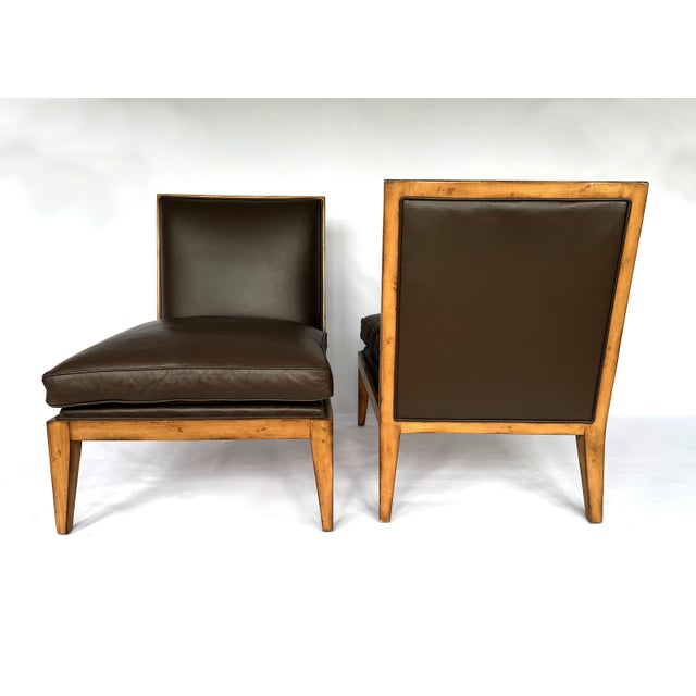 Swaim Pair of Late 20th Century Swaim Modern Brown Leather Armless Oak Slipper Chairs For Sale - Image 4 of 6
