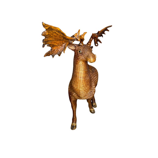 Chinese Vintage Shanghai Handicrafts Woven Rattan Moose Sculpture With Hidden Storage, Mid-Century Chinese Export Art For Sale - Image 3 of 12