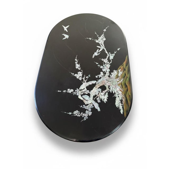 Chinoiserie Vintage Chinese Black Lacquer Oval Coffee Table – Mother of Pearl Inlay Chinoiserie For Sale - Image 3 of 8