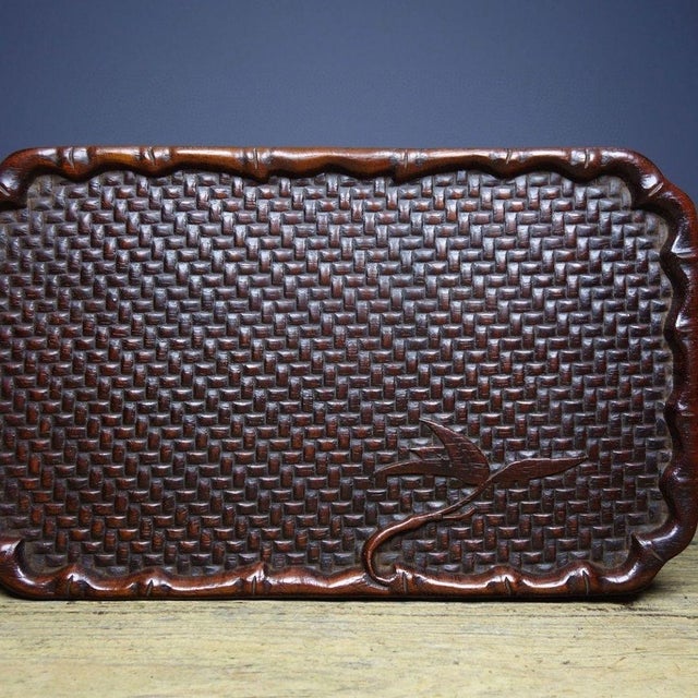 Wood Vintage Rosewood Tea Tray - Carved Woven & Bamboo Motif For Sale - Image 7 of 9