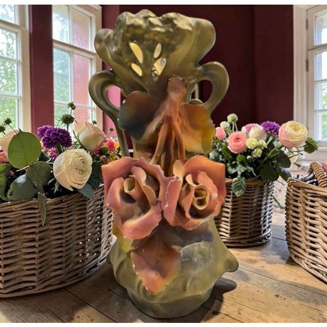 Early 20th Century Art Nouveau Estial Austria Porcelain Vase With Applied Roses For Sale - Image 9 of 11