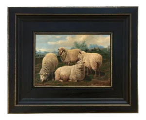 Flock of Sheep Gathered Framed Oil Painting Reproduction Print on Canvas - 4" X 6"