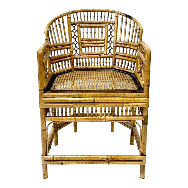 1970's Brighton Pavillion Chinoiserie Tiger Bamboo Rattan Cane Armchair by Thomasville For Sale