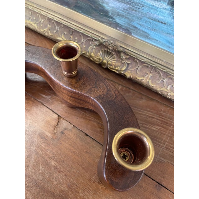 Brass Vintage Mid-Century Modern Wood and Brass Toned 3-Light Decorative Candle Holder For Sale - Image 8 of 10
