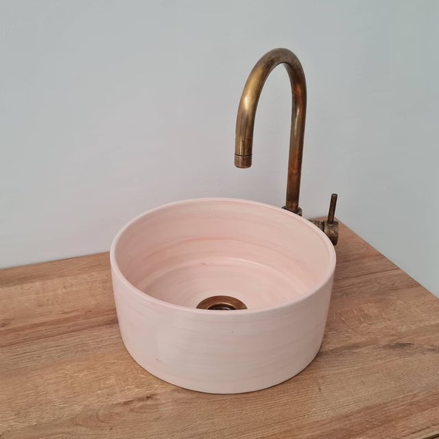 Contemporary Contemporary Pink Bathroom Wash Basin with Brass Drain For Sale - Image 3 of 6