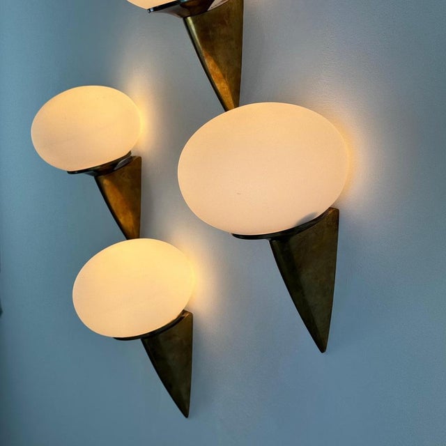 Gold Italian Lancia Wall Sconces in Brass and Opaline Glass from Stilux Milano, 1960s,Set of 4 For Sale - Image 8 of 13