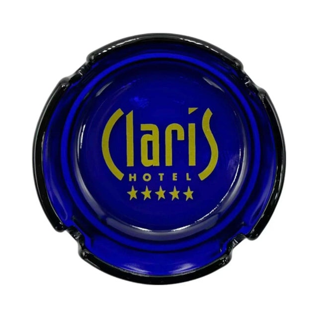 Blue Vintage Cobalt Blue Glass Claris Hotel Barcelona, Spain Ashtray For Sale - Image 8 of 12