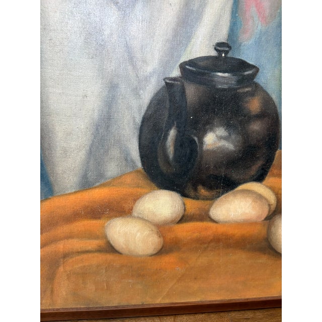Black Vintage Mid Century Signed Still Life Oil Painting With Black Teapot & Eggs For Sale - Image 8 of 15
