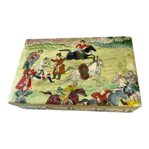 Vintage Kashmiri Hunting Scene Wooden Trinket Box 8" W