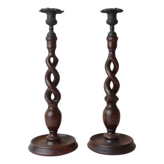 Large Antique English Oak Barley Twist Candlesticks, 1920s, Set of 2 For Sale