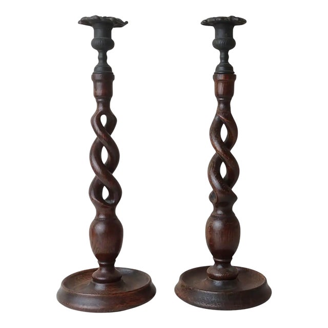 Large Antique English Oak Barley Twist Candlesticks, 1920s, Set of 2 For Sale