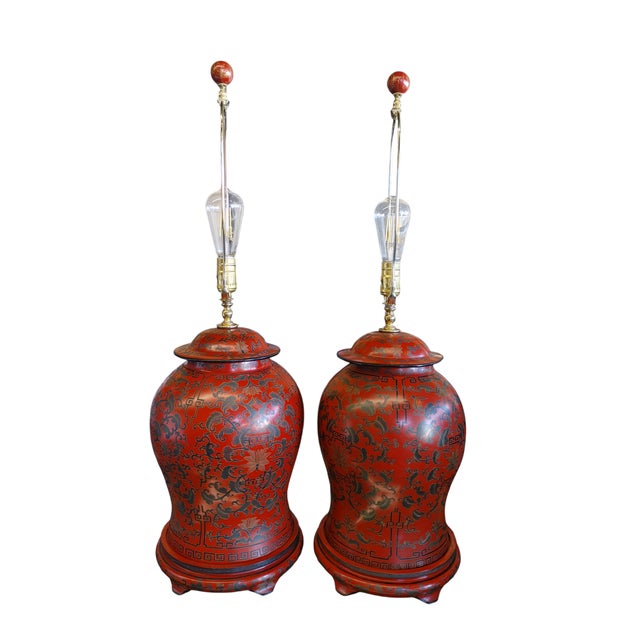 Chinese Mid 20th Century Chinese Red Lacquer Temple Ginger Jar Table Lamps - a Pair For Sale - Image 3 of 7