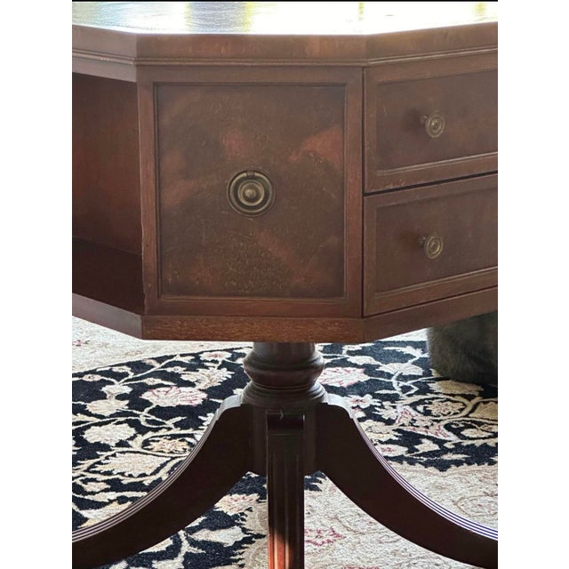 American Vintage Henredon Leather Topped Rotating Table With Drawers For Sale - Image 3 of 6