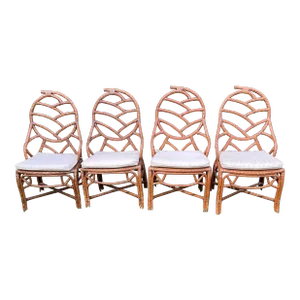 1990s Faux Bois Armchairs With Custom Seat Cushions in the Style of McGuire - Set of 4