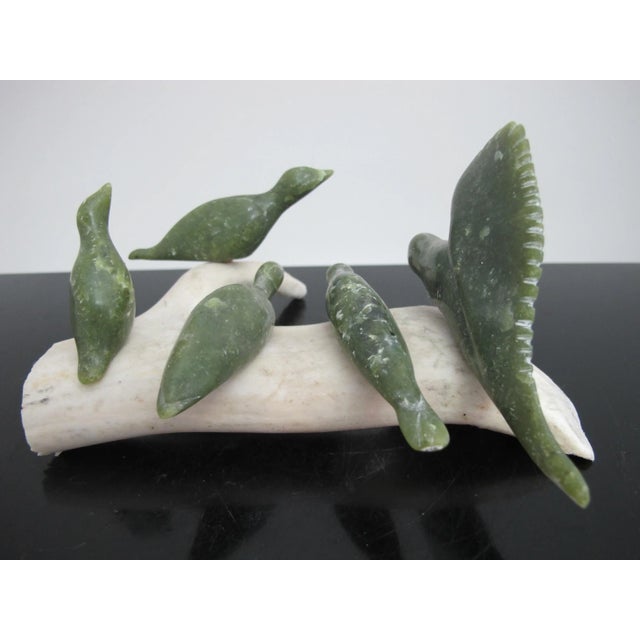 Canadian Inuit sculpture with 5 carved stone birds perched upon an antler. The birds are removable or interchangeable (6...