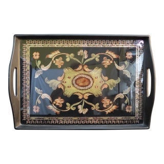 Black Floral Reverse Painted Wood Decorative Tray Made in Peru For Sale
