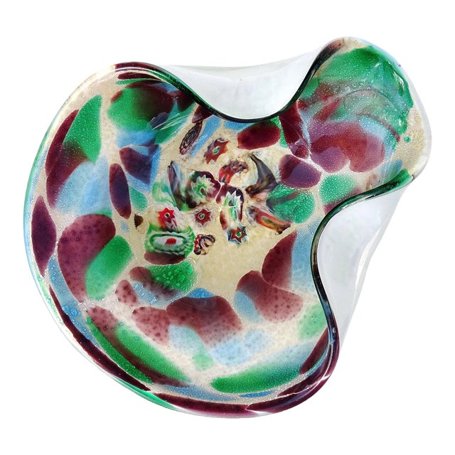 Murano Purple Green Blue Silver Leaf Millefiori Flowers Vintage Italian Art Glass Decorative Center Bowl For Sale