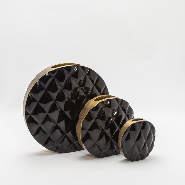 Shell Modern Quilted Vase in Black Shell With Brass Details by Kifu Paris For Sale - Image 7 of 10