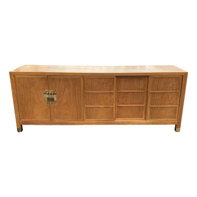 Baker Mid Century Chinoiserie Figured Walnut Brass Mounted Credenza Sideboard For Sale