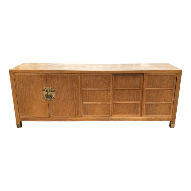 Vintage Baker Furniture Figured Walnut Brass Mounted Credenza Sideboard - Attributed to Frank Van Steenberg For Sale