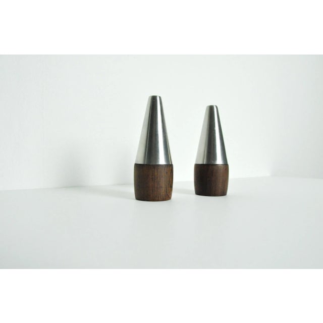 Wood Danish Modern Teak and Stainless Steel Salt and Pepper Shakers, 1960s, Set of 4 For Sale - Image 7 of 12