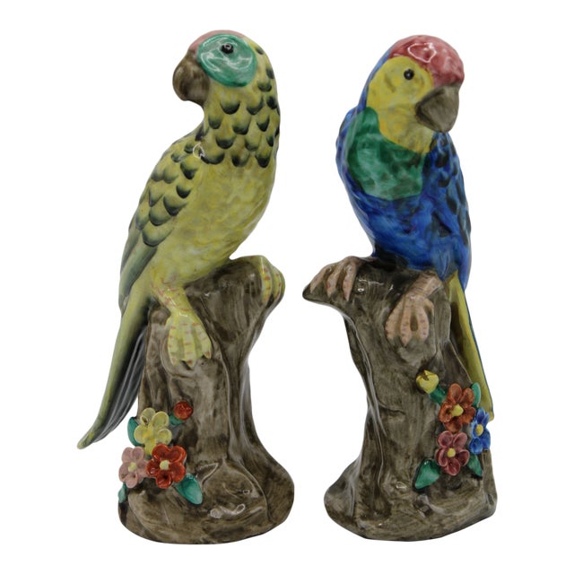 Blue and Green Ceramic Parrot Bird Figurines a Pair (Final Markdown