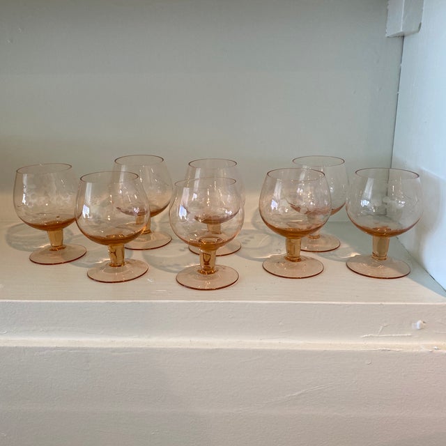 Vintage Rose-Colored Etched Stemware- Set of 8 For Sale - Image 4 of 10