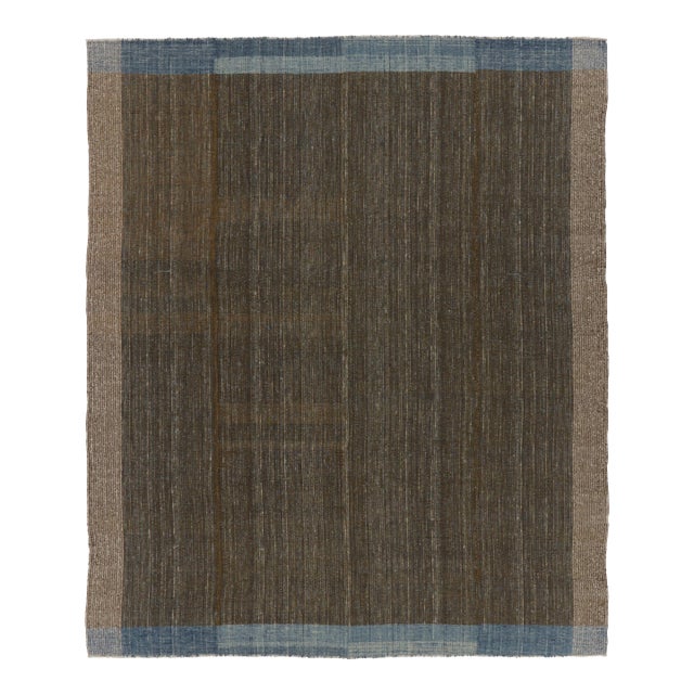 Rug & Kilim’s Contemporary Flatweave in Brown With Blue Abrash Border For Sale