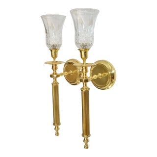 1970s Maison Jansen Style Neoclassical Brass Sconces Wall Candle Lamps - Pair For Sale