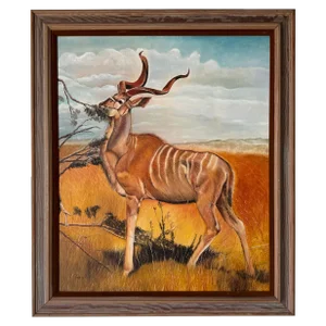 1970's Gregory A. Pole Widlife Kudu Antelope Landscape Oil Painting, Framed