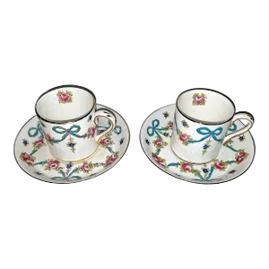1940s Crown Staffordshire Blue-Bow Demitasse Cups and Saucers Set- 4 Pieces
