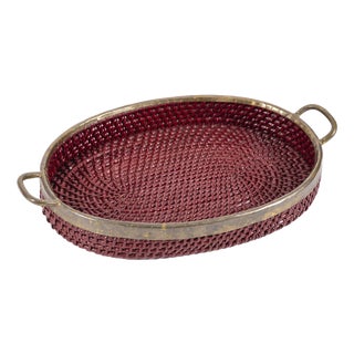 Vintage Italian Wicker and Brass Tray, 1970s For Sale