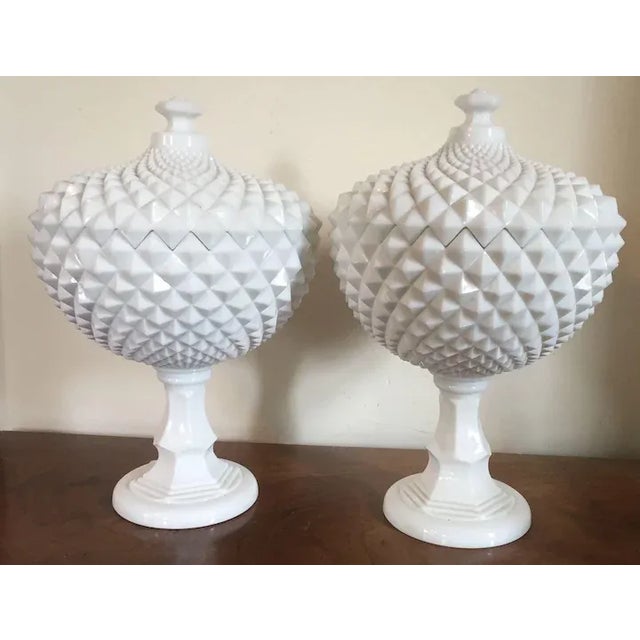 Mid 20th Century Vintage Milk Glass Covered Centerpiece Bowl with Saw Tooth Design - a Pair For Sale - Image 5 of 12