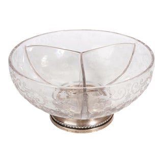 Early 20th Century Edwardian Etched Crystal Glass Salad Bowl With Silver Foot, United Kingdom For Sale