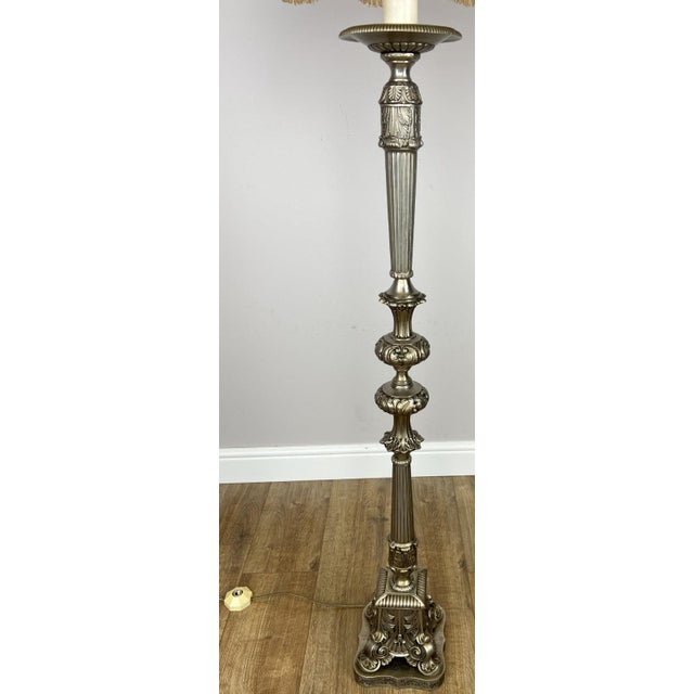 Vintage French Ornate Metal Standing Lamp with Tassel Shade For Sale - Image 6 of 12
