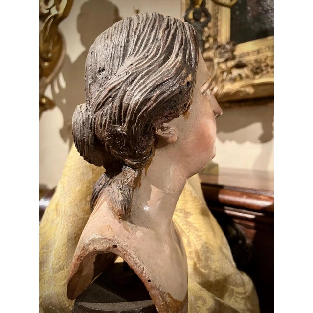 Italian Artist, Carved Polychrome Female Bust Sculpture, 1700s, Lacquered Wood For Sale - Image 6 of 12