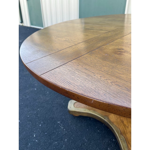 1960s Henredon Round Oak Pedestal Game Table With Brass Accents For Sale - Image 11 of 12
