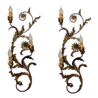 Large Italian Florentine Tole Wall Sconces in Gilt Metal, 1950s, Set of 2 For Sale