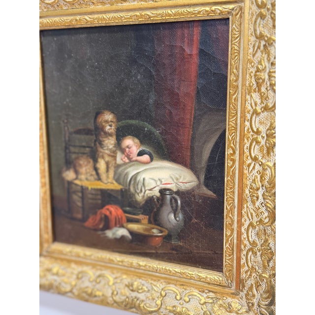 19th Century Continental School Interior Scene of a Sleeping Child and Watchful Dog, 19th C For Sale - Image 5 of 9