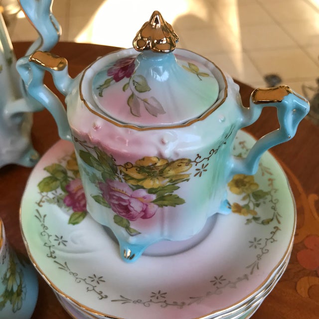 Antique Hand Painted Chocolate & Tea Set for 6 / 17 Pieces/Reduced