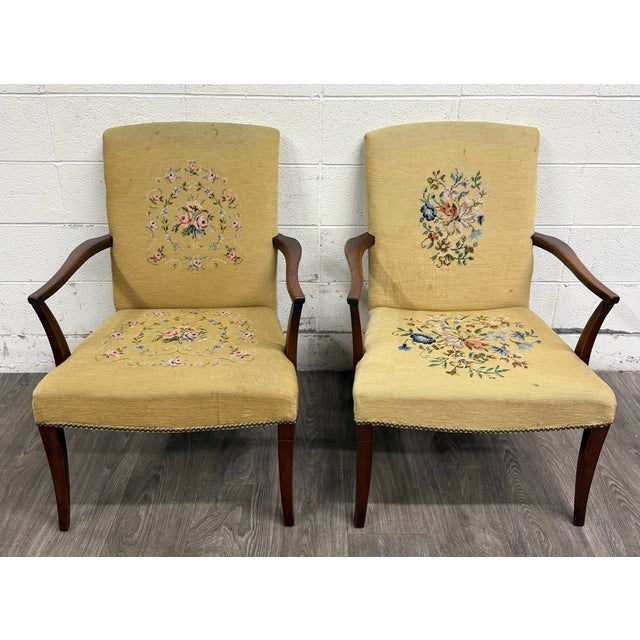 Yellow Vintage Mid Century Modern MCM Needlepoint Armchairs - Pair For Sale - Image 8 of 13