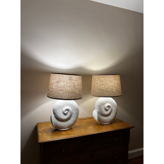 Vintage Spiral Shell Table Lamps With Linen Drum Shades - A Pair For Sale - Image 14 of 18