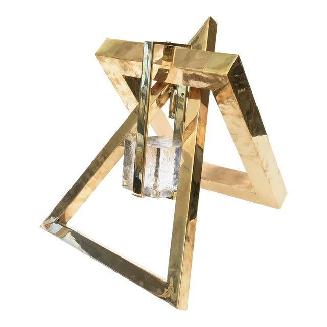 Vintage Joan Lehman Brass and Glass Cube Triangle and Square Geometric Intercepting Sculpture For Sale