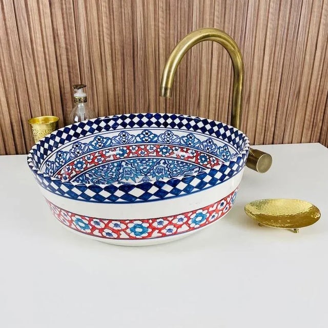 Moroccan Ceramic Hand Painted Blue Ceramic Top Sink for Bathroom For Sale - Image 4 of 7