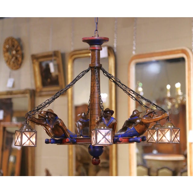 French Early 20th Century French Painted Chestnut Six-Light Chandelier From Brittany For Sale - Image 3 of 11